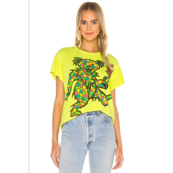 MadeWorn Tee Grateful Dead Neon Acid Yellow Dancing Bears - Picture 1 of 8